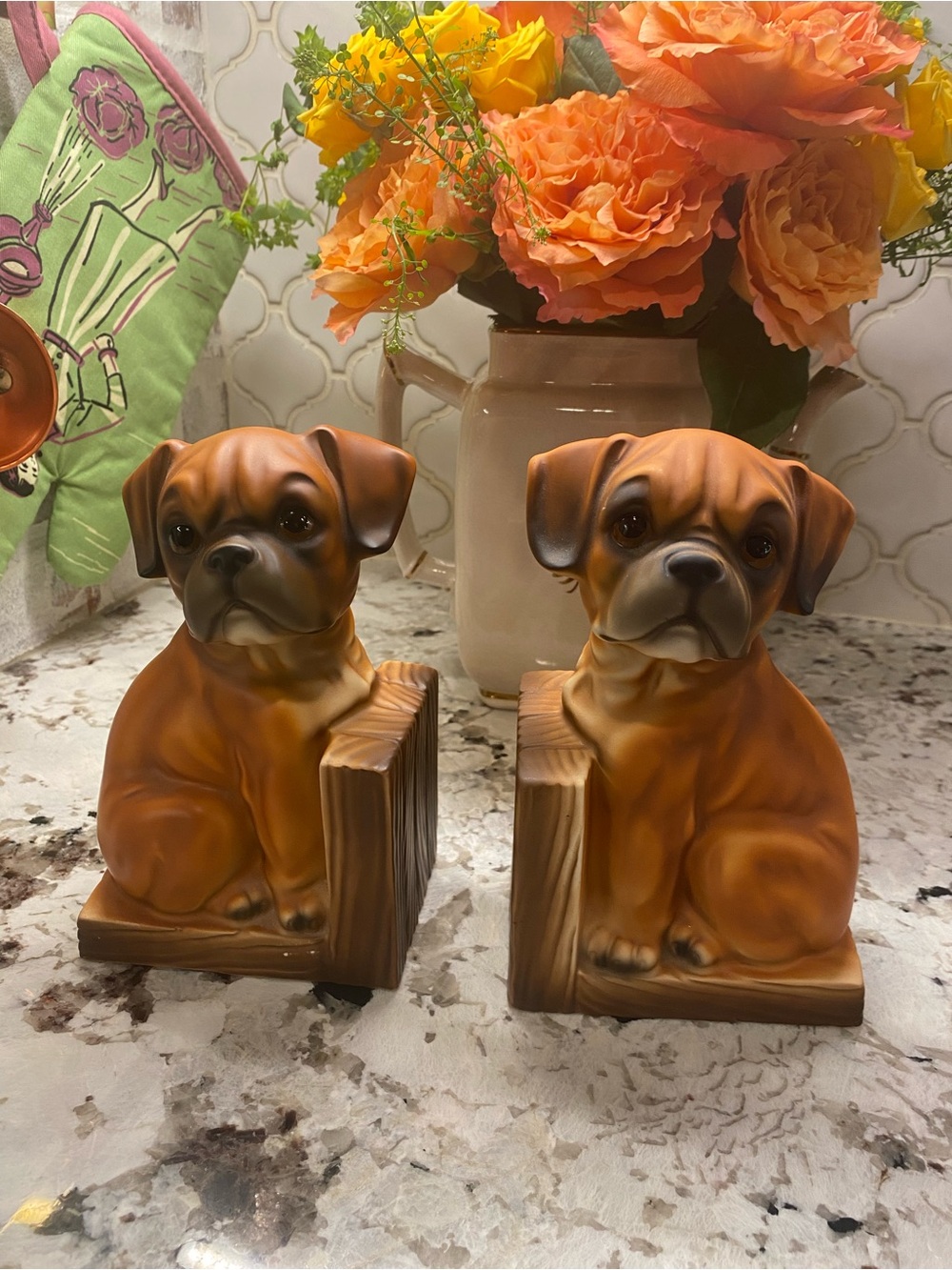 Vintage ceramic Boxer dog bookends- made in Japan